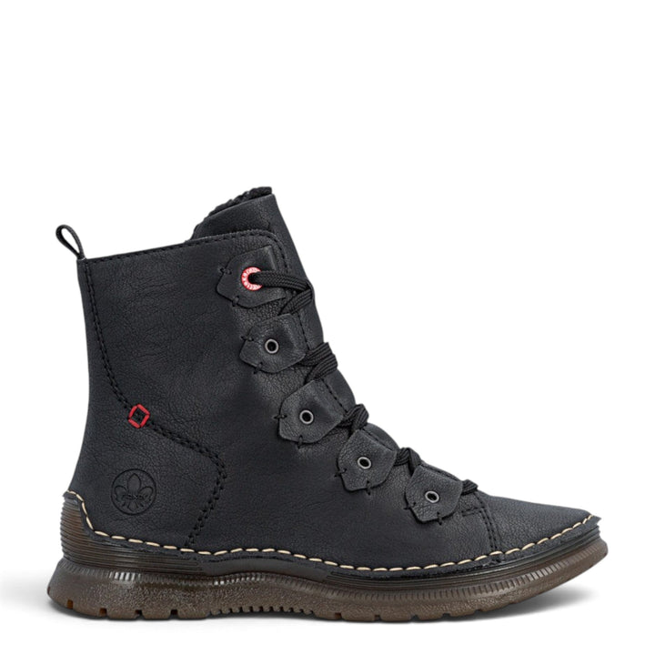 ada-shoes.ro Rieker black synthetic leather ankle boots with laces, side zipper, and warm lining for winter.