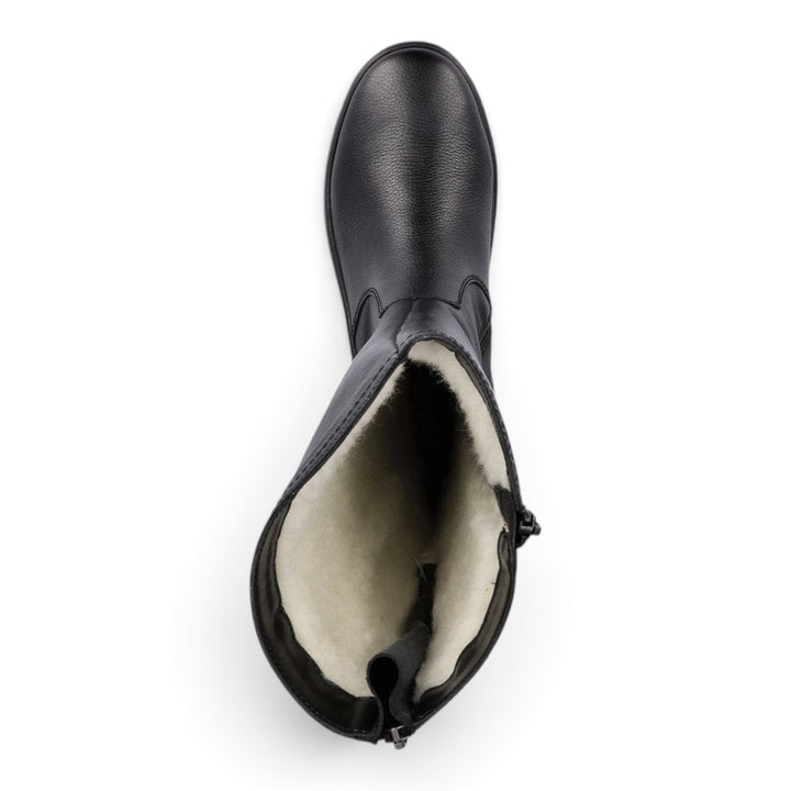 ada-shoes.ro Rieker black faux leather winter boots with natural wool lining and rear zipper for adjustable calf width