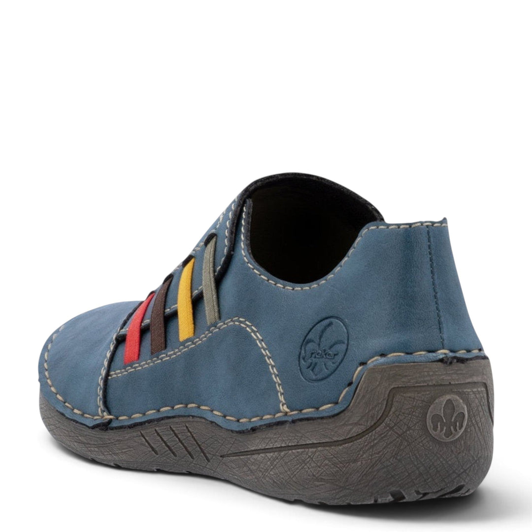 ada-shoes.ro Rieker blue casual leather shoe with multi-colored elastic straps and contrast stitching
