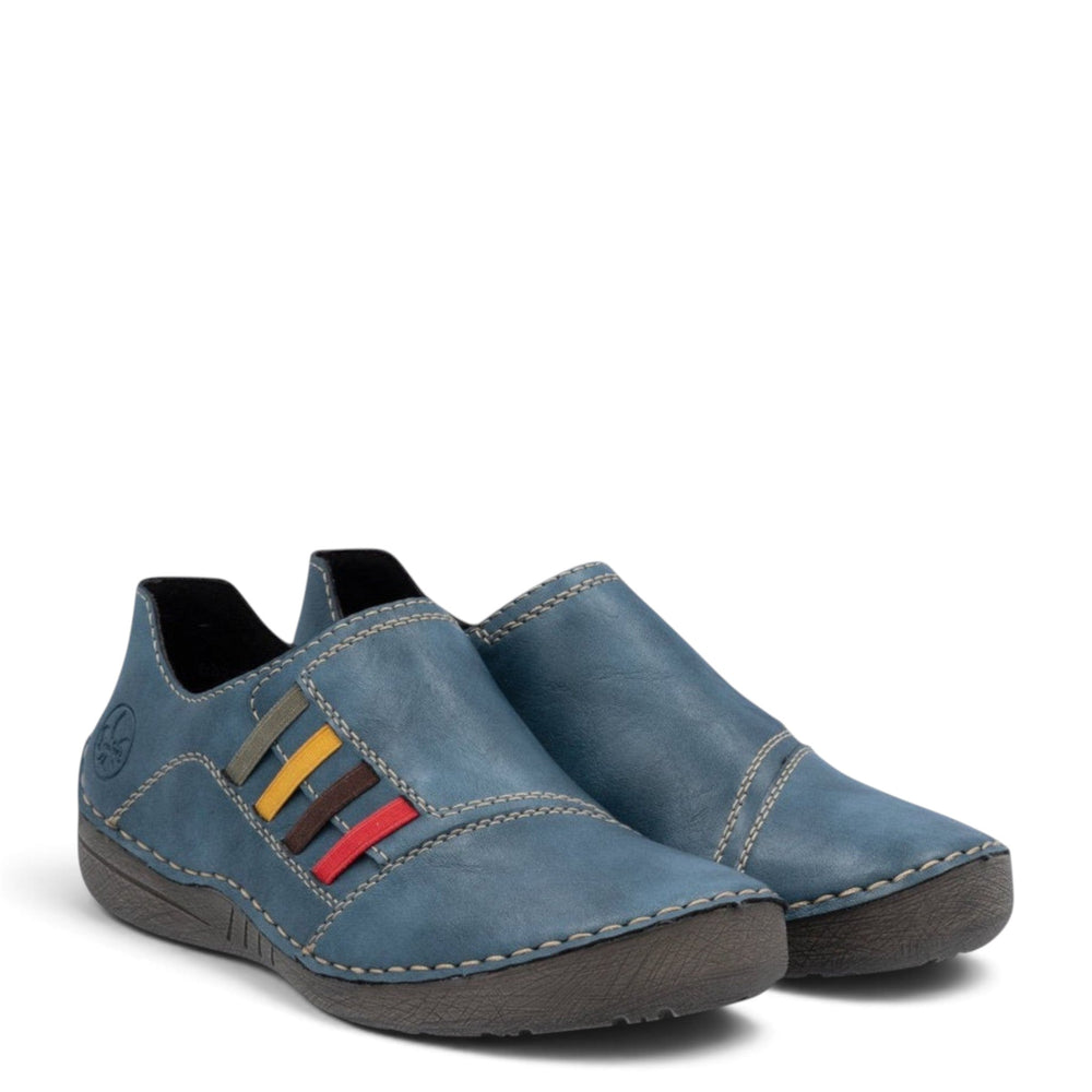 ada-shoes.ro Rieker blue leather casual shoes with decorative multi-colored stripes and contrast stitching
