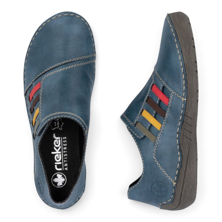 ada-shoes.ro Rieker casual blue leather slip-on shoes with decorative red, brown, and yellow side stripes