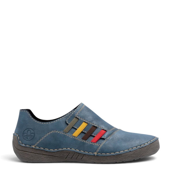 ada-shoes.ro Rieker blue leather casual slip-on shoe with decorative multi-colored elastic straps and contrast stitching