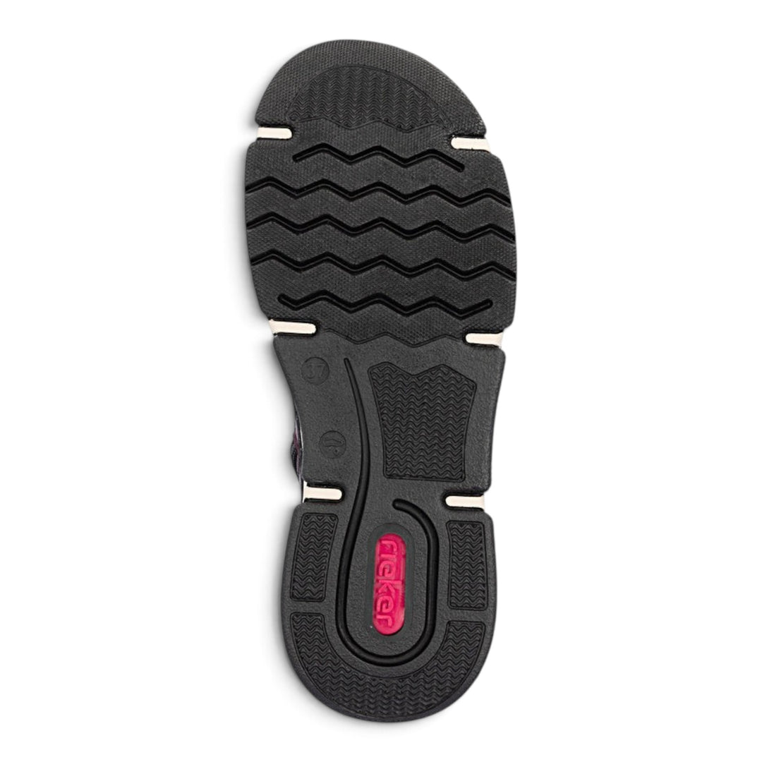 ada-shoes.ro Rieker burgundy boot black textured rubber outsole with wave pattern and logo detail