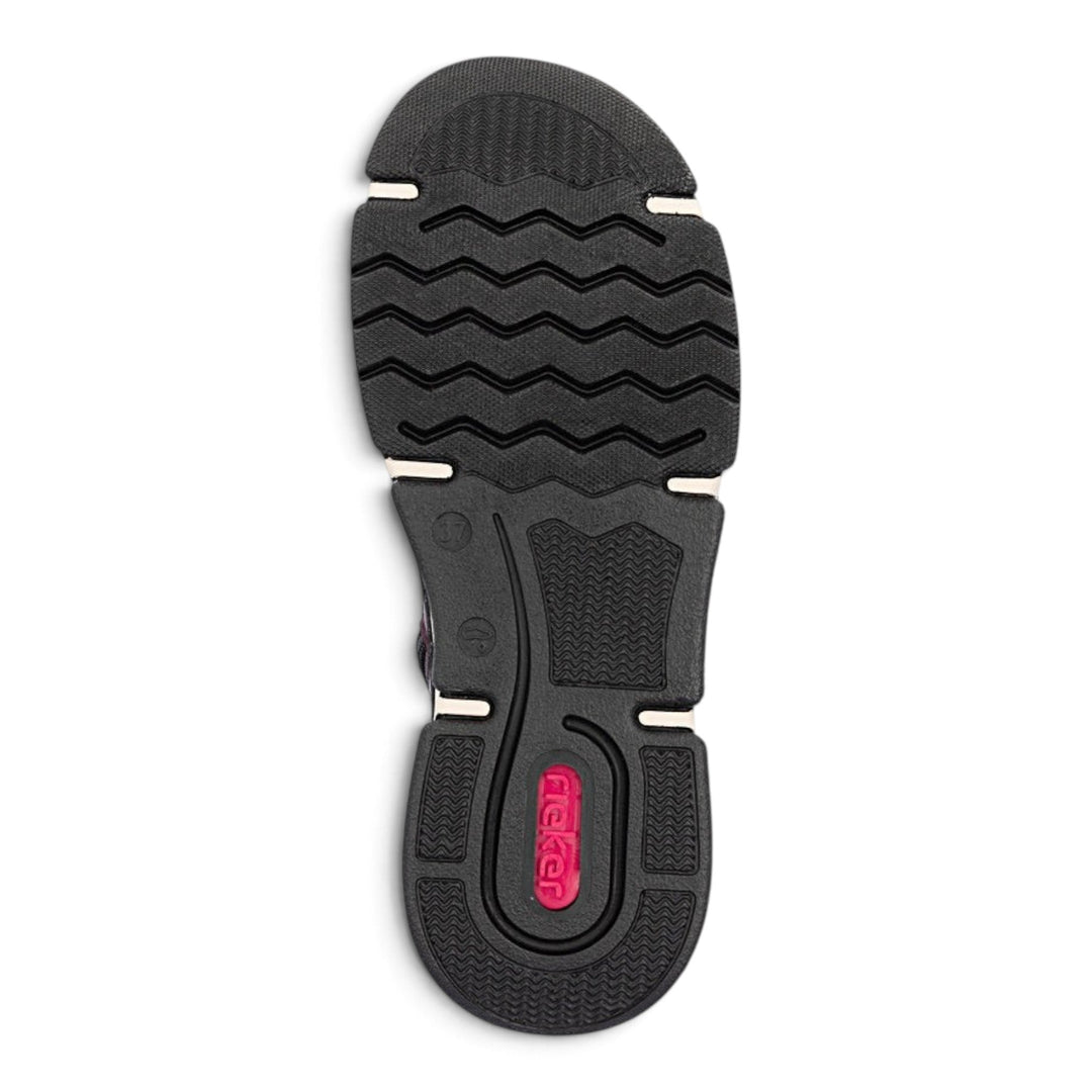 ada-shoes.ro Rieker burgundy boot black textured rubber outsole with wave pattern and logo detail