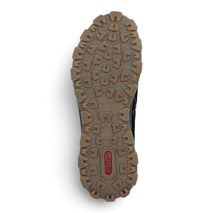 ada-shoes.ro Rieker grey boot outsole with a rugged brown rubber tread pattern for traction and stability.