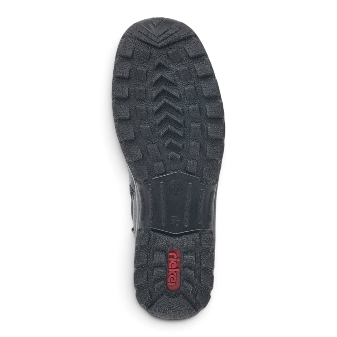 Black Rieker Antistress TEX boot sole with a rugged tread pattern for grip, featured at ada-shoes.ro