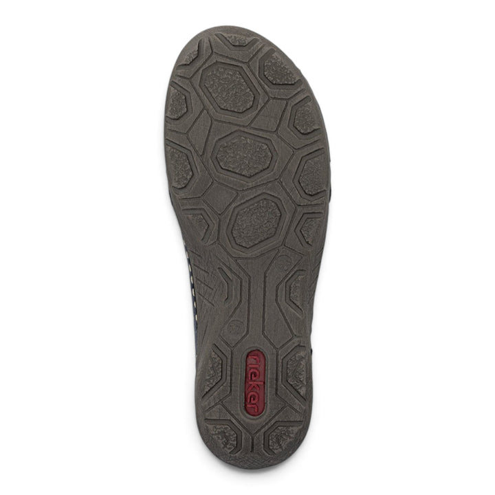 ada-shoes.ro Rieker navy blue ankle boot sole with a textured geometric tread pattern and branded red logo insert