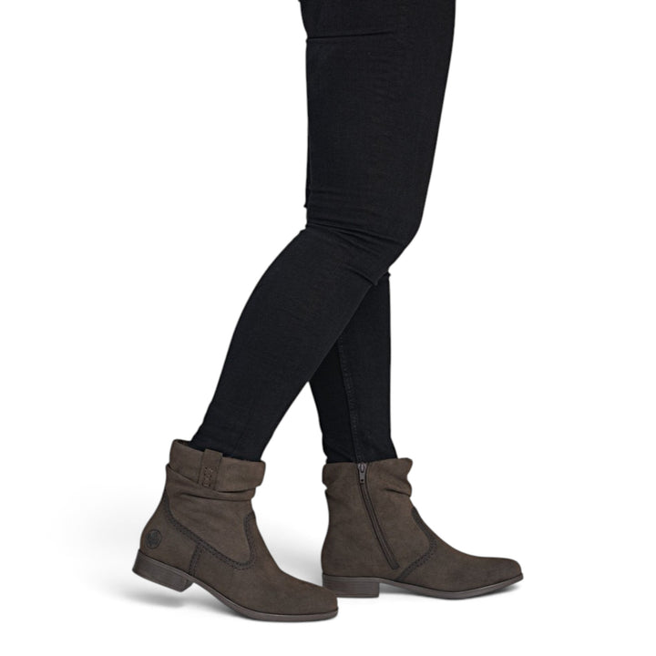 ada-shoes.ro Rieker dark brown faux leather ankle boots with velvet lining, side zipper, and flat sole