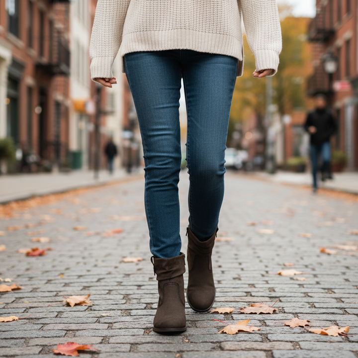 ada-shoes.ro Rieker dark brown faux leather ankle boots with velvet lining worn with jeans on a city street