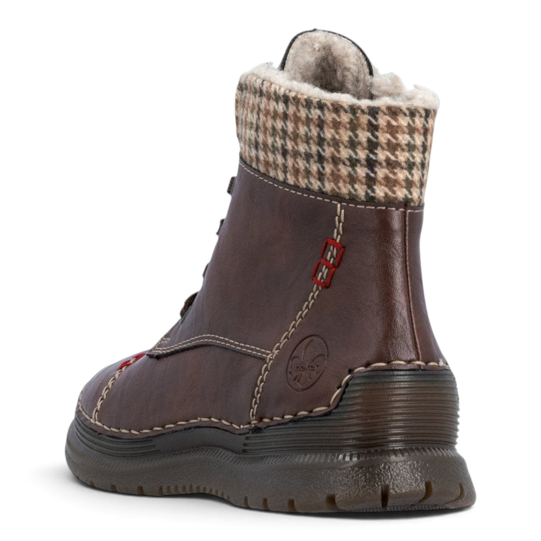 ada-shoes.ro brown Rieker casual ankle boots with wool lining, plaid collar, lace-up and zipper closure, back view.