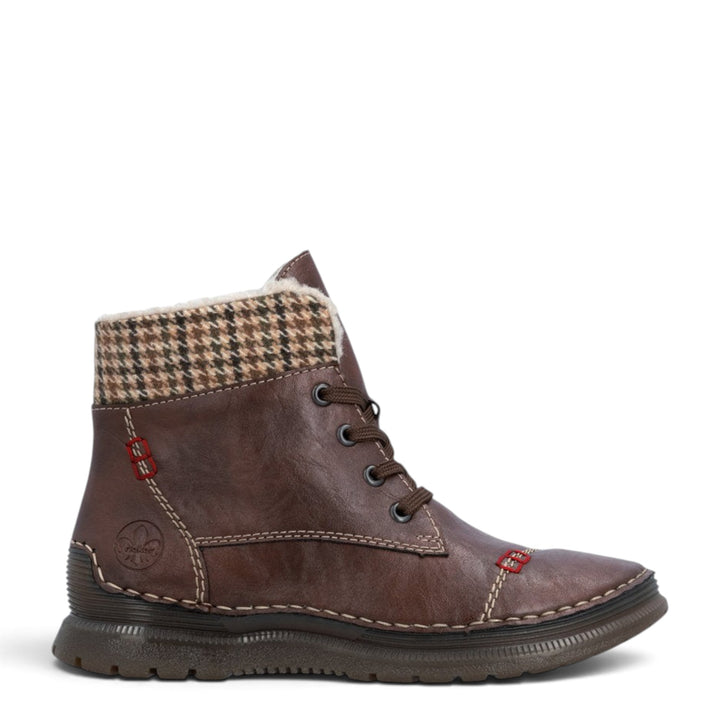 ada-shoes.ro Rieker brown faux leather ankle boots with wool lining, lace-up closure, and houndstooth collar detail.
