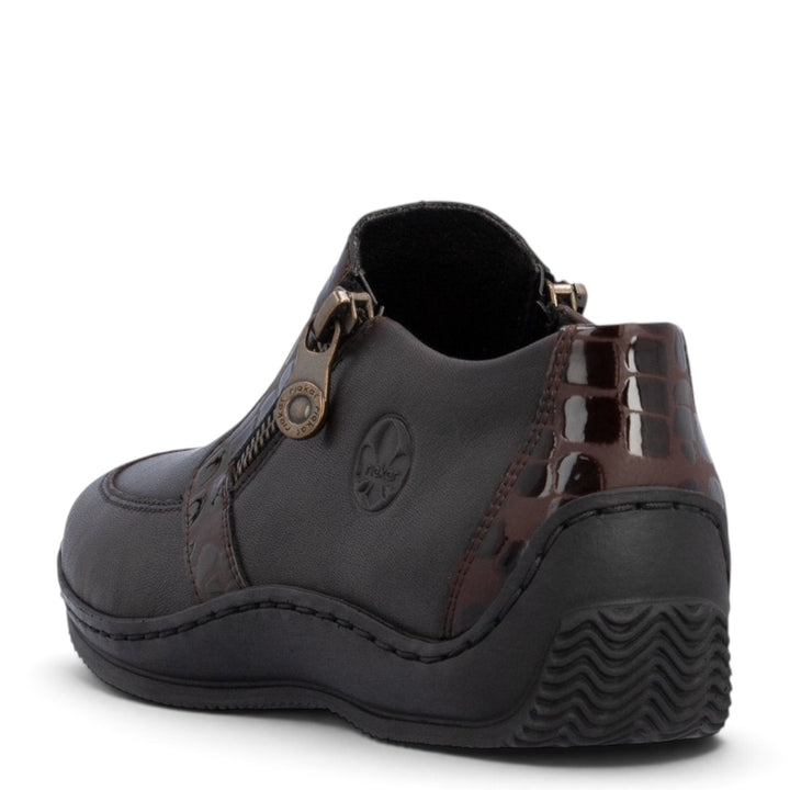 ada-shoes.ro Rieker dark brown casual ankle boots with side zippers and glossy croc-effect heel detail