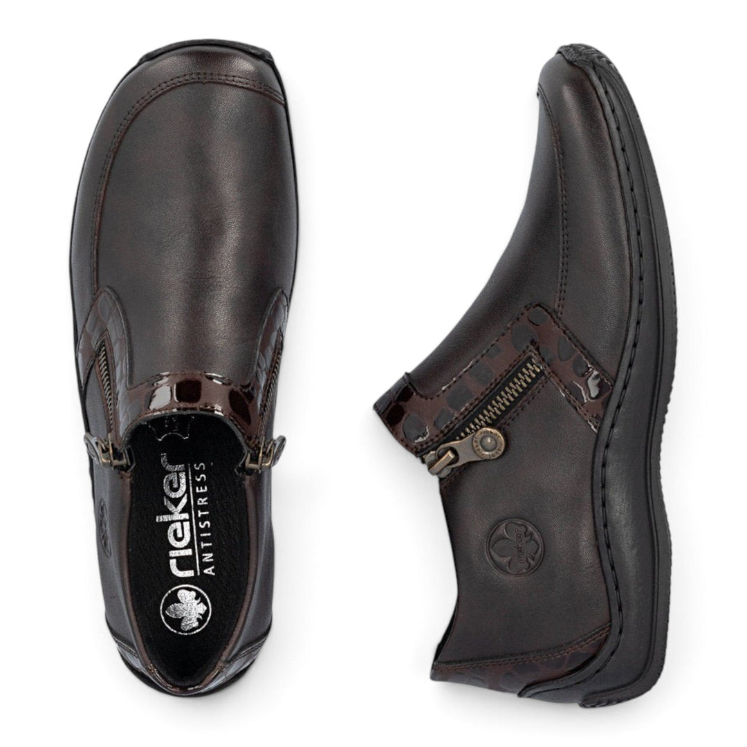 ada-shoes.ro Rieker dark brown casual ankle boots with side zippers and glossy decorative accents