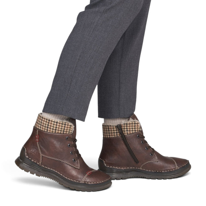 ada-shoes.ro RIEKER brown faux leather casual ankle boots with wool lining, lace-up and zipper closure, and houndstooth trim