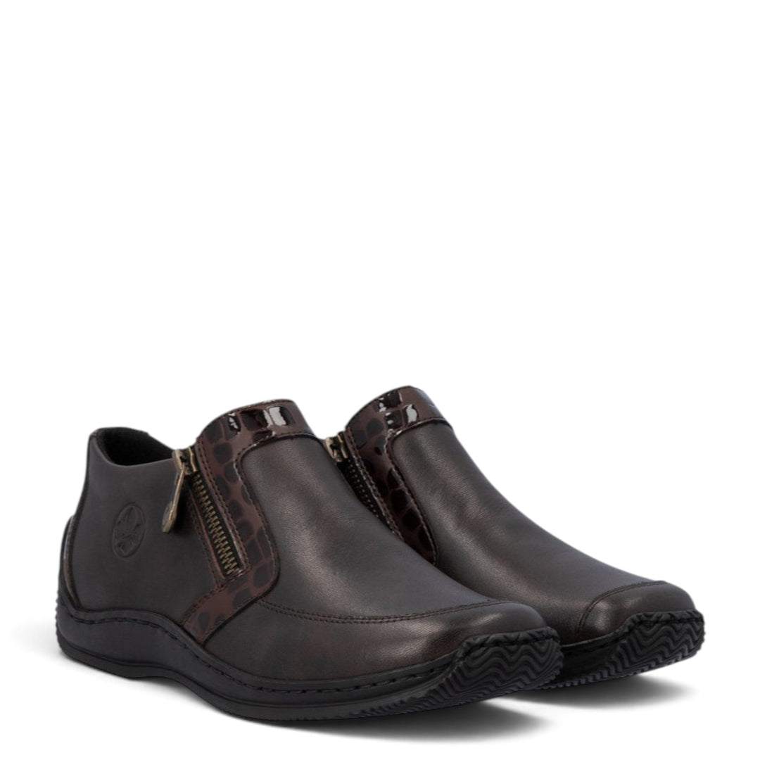 ada-shoes.ro Rieker dark brown casual ankle boots with side zippers and decorative glossy textured panels