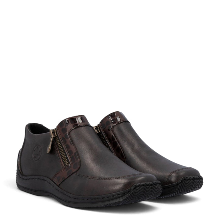 ada-shoes.ro Rieker dark brown casual ankle boots with side zippers and decorative glossy textured panels
