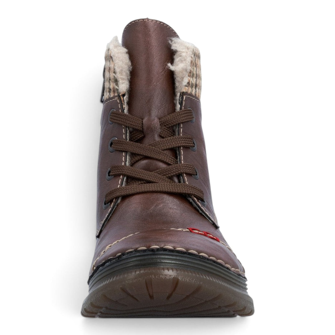 ada-shoes.ro Rieker brown faux leather casual ankle boots with wool lining, lace-up front, and side zipper closure