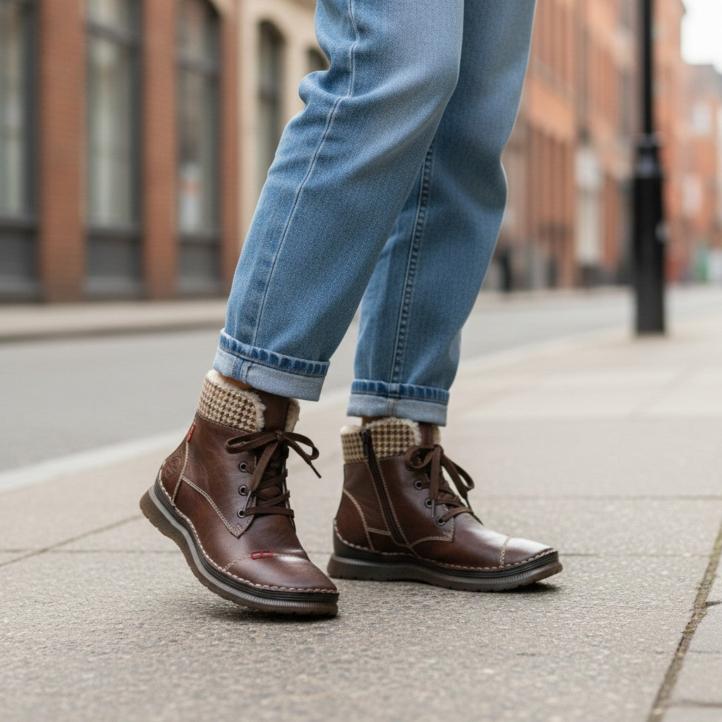 ada-shoes.ro Rieker brown faux leather casual ankle boots with wool lining, laces, and side zipper on a city street