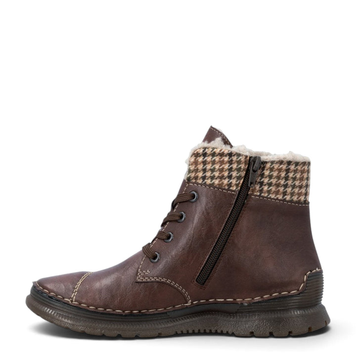 ada-shoes.ro Rieker brown faux leather casual ankle boots with wool lining, side zipper, and plaid collar detail.