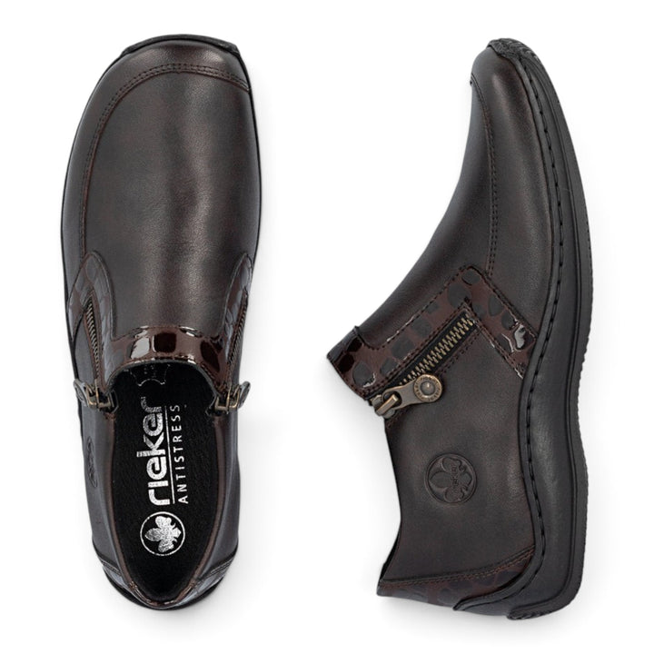 ada-shoes.ro Rieker dark brown casual ankle boots with side zippers and glossy decorative accents