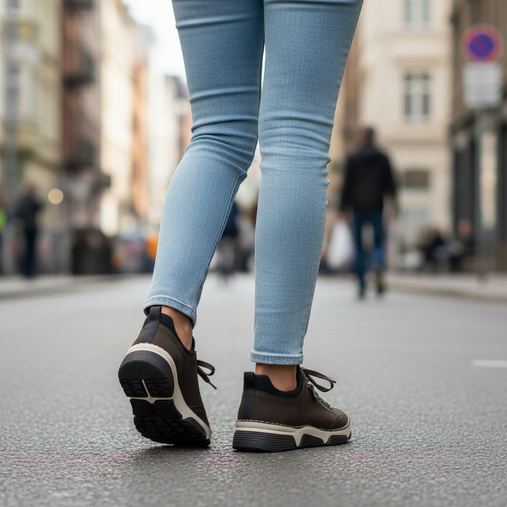 ada-shoes.ro Rieker brown casual shoes with lace-up design and flexible antistress sole worn with light blue jeans