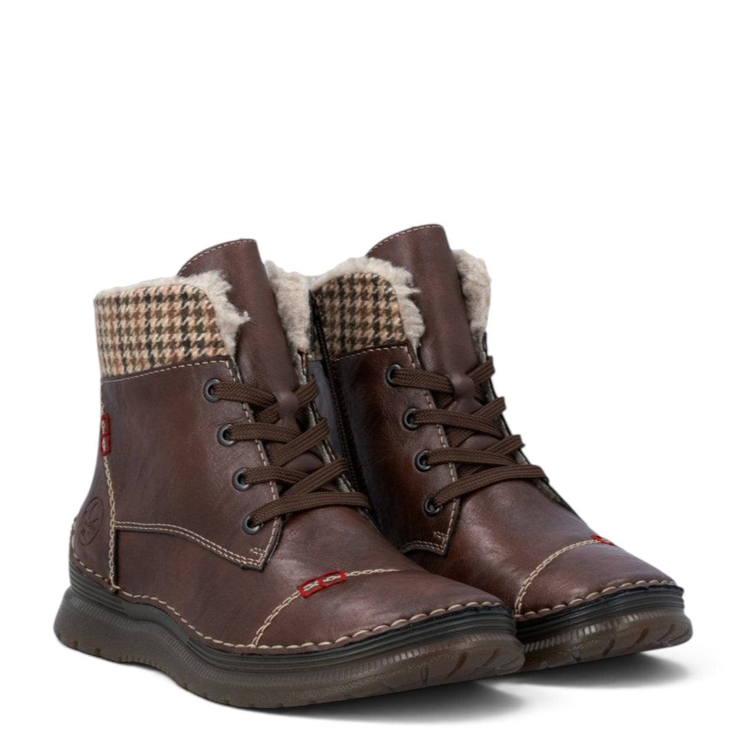 ada-shoes.ro Rieker brown faux leather casual ankle boots with wool lining, lace-up closure, and houndstooth collar detail.