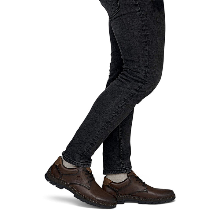 ada-shoes.ro Rieker chocolate brown leather casual shoes with laces worn with black jeans for a smart-casual look