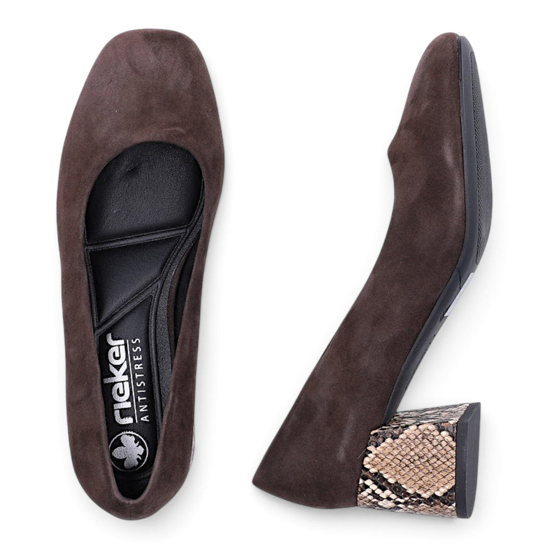 ada-shoes.ro Rieker brown nubuck leather slip-on shoes with a 5.5 cm block heel featuring animal print detailing.