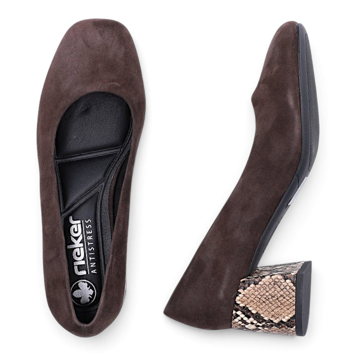 ada-shoes.ro Rieker brown nubuck leather slip-on shoes with a 5.5 cm block heel featuring animal print detailing.