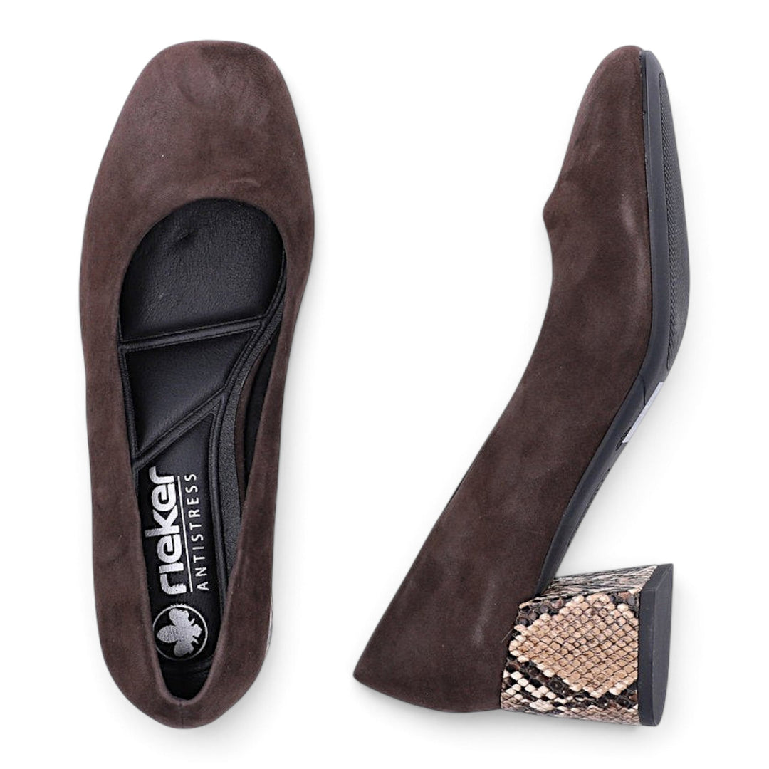 ada-shoes.ro Rieker brown nubuck leather slip-on shoes with a 5.5 cm block heel featuring animal print detailing.