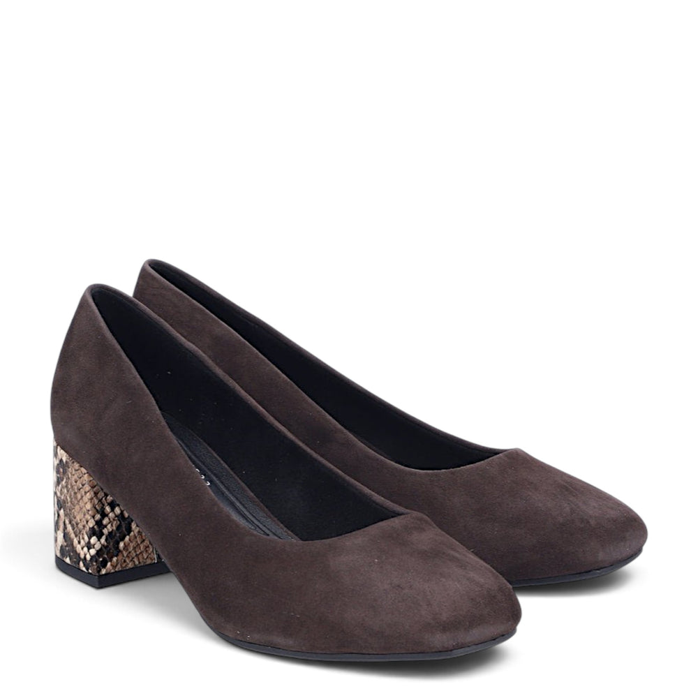 ada-shoes.ro Rieker brown suede pumps with animal print block heels and slip-on design