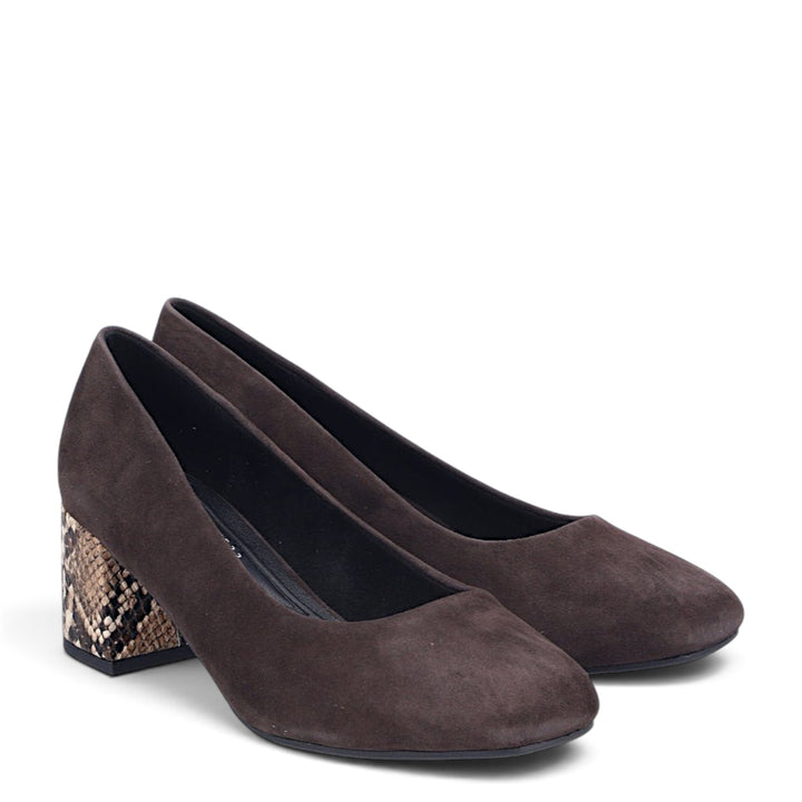 ada-shoes.ro Rieker brown suede pumps with animal print block heels and slip-on design