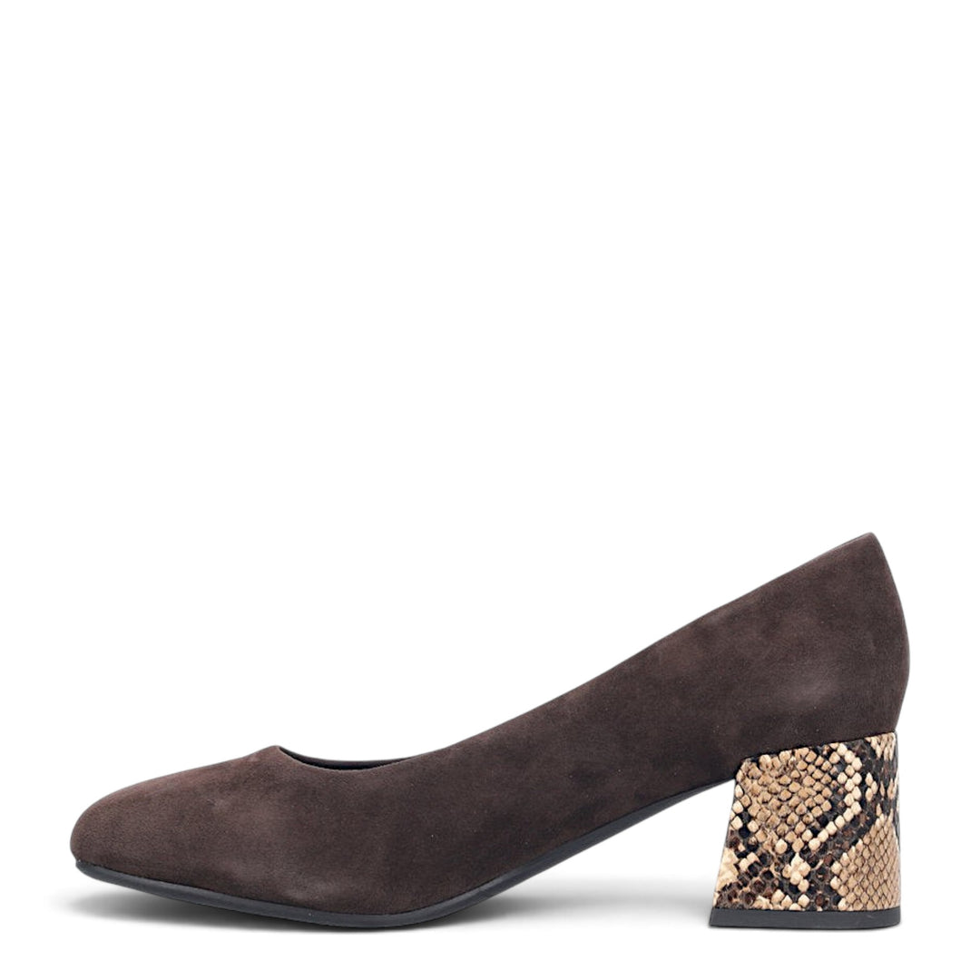 ada-shoes.ro Rieker brown suede pumps with a snakeskin print block heel and slip-on design