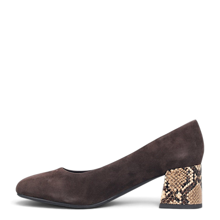 ada-shoes.ro Rieker brown suede pumps with a snakeskin print block heel and slip-on design