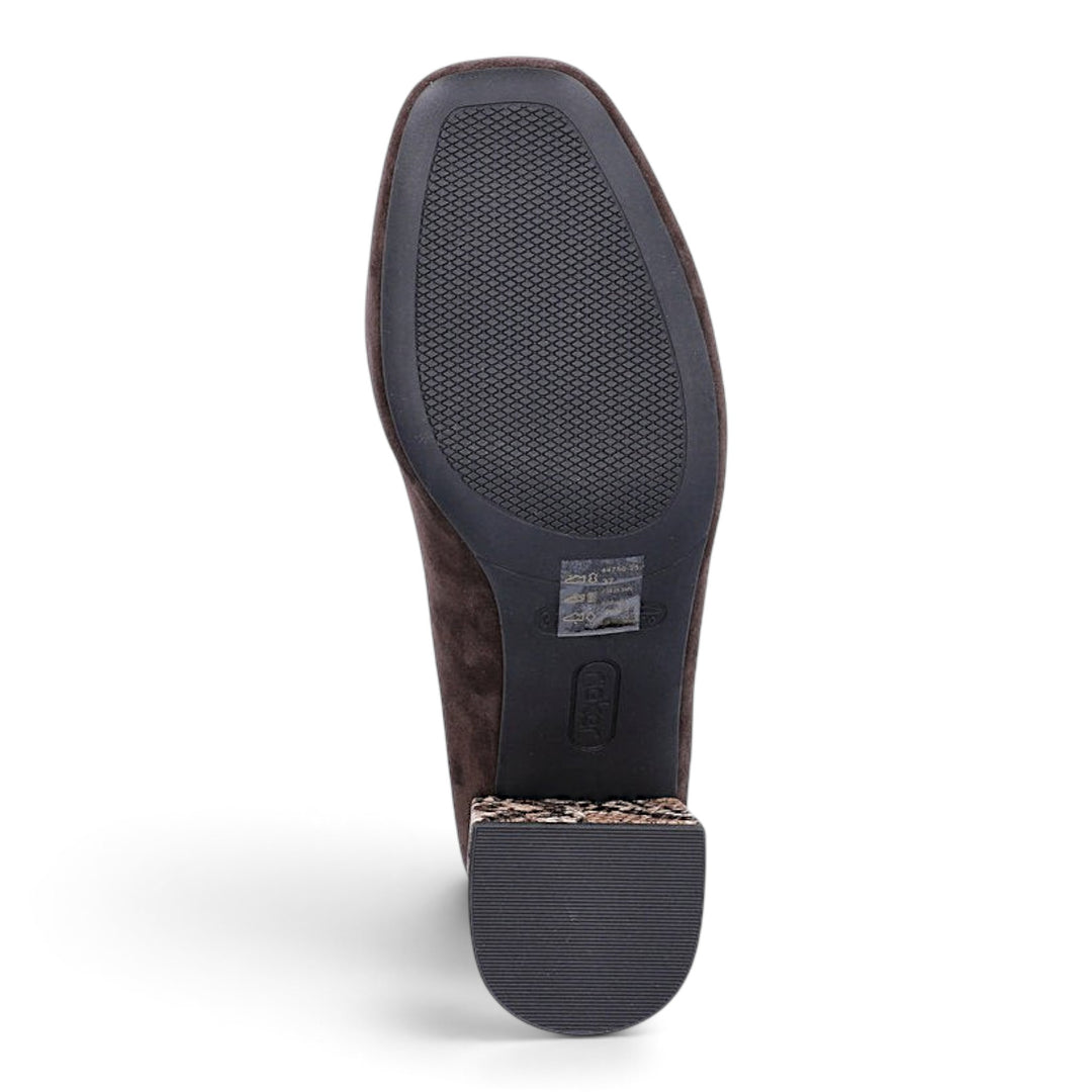 ada-shoes.ro Rieker brown suede block heel shoe sole with textured grip and animal print heel detail