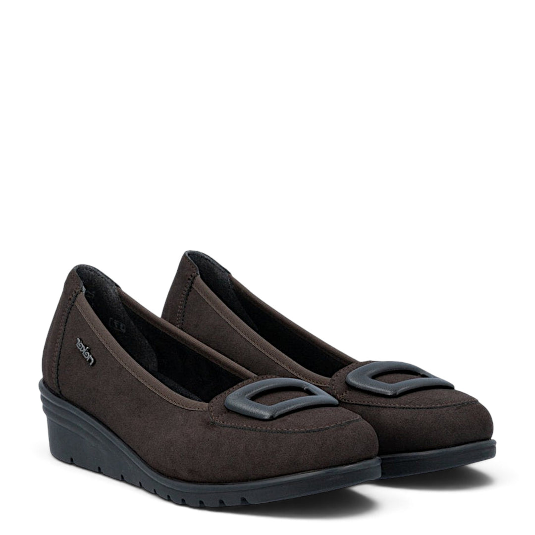 ada-shoes.ro Rieker brown suede casual wedge shoes with decorative buckle and flexible sole for women