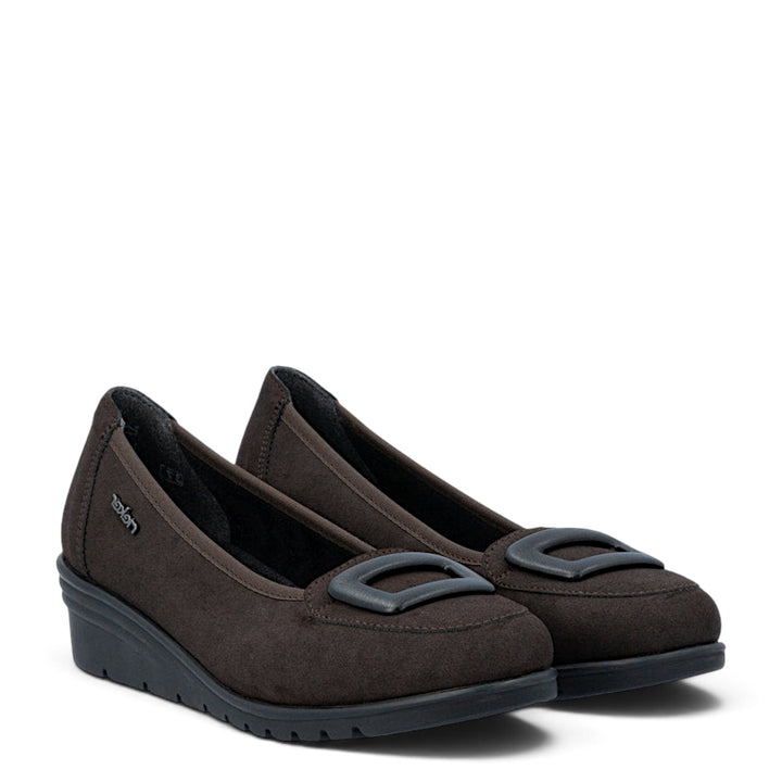 ada-shoes.ro Rieker brown suede casual wedge shoes with decorative buckle and flexible sole for women