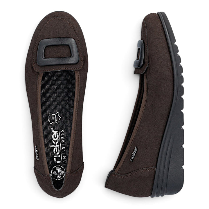 ada-shoes.ro Rieker brown suede casual slip-on shoes with decorative buckle and flexible wedge sole