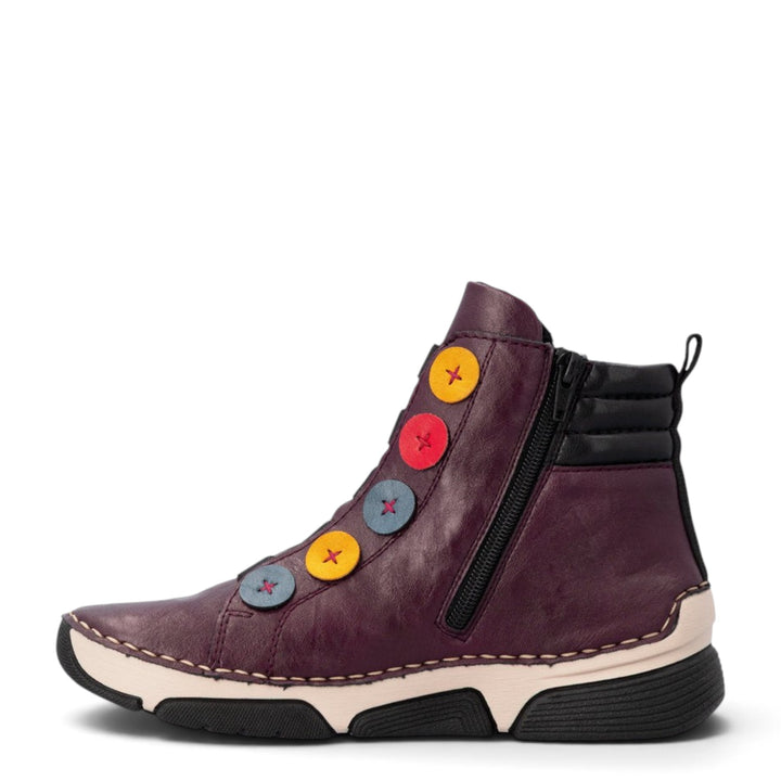 ada-shoes.ro Rieker burgundy ankle boots with side zipper, round toe, and decorative colorful circular accents