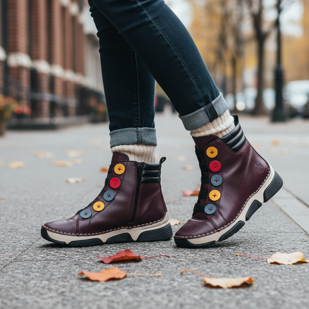 ada-shoes.ro Rieker burgundy faux leather ankle boots with colorful button details and side zipper on a city street