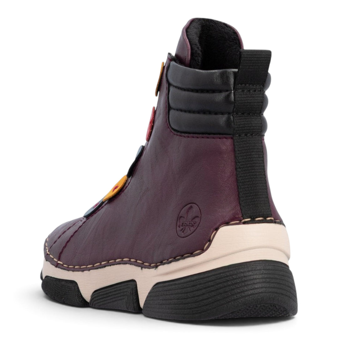 ada-shoes.ro Rieker burgundy faux leather ankle boots with a round toe, side zipper, and cushioned black rubber sole.