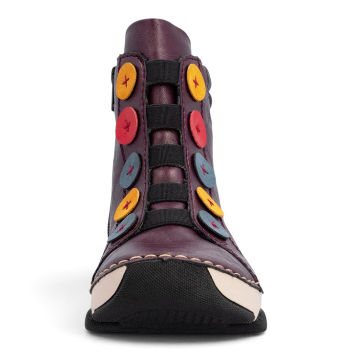 ada-shoes.ro Rieker burgundy faux leather ankle boots with decorative colorful buttons and side zipper