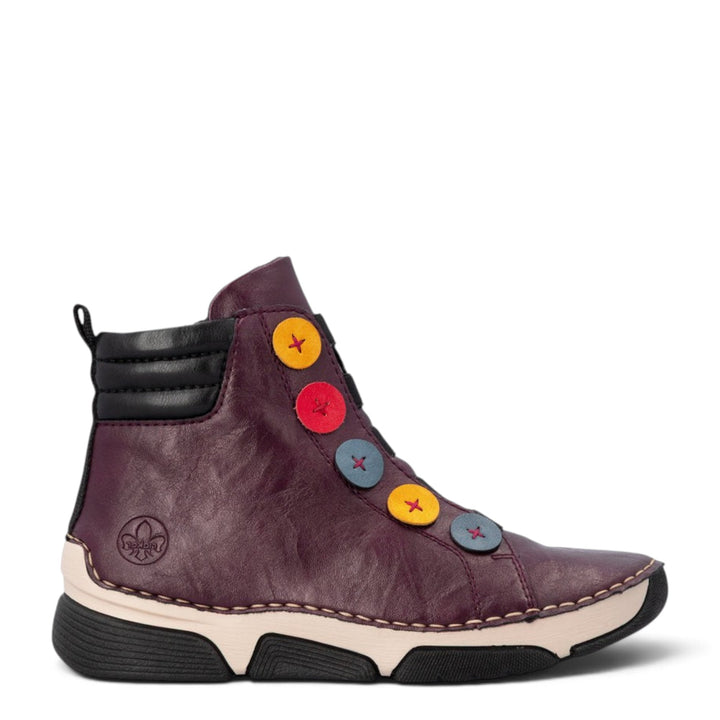 ada-shoes.ro Rieker burgundy faux leather ankle boots with colorful decorative buttons and a comfortable flat sole.