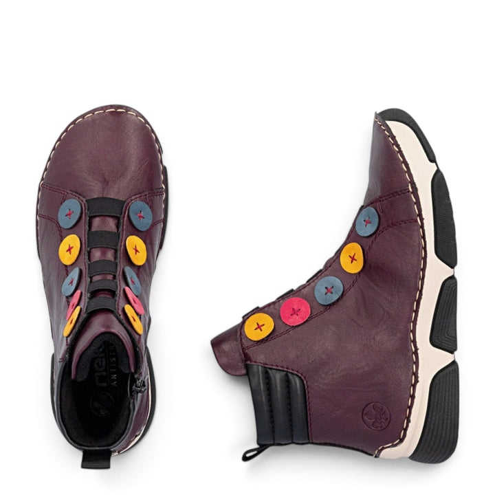 ada-shoes.ro Rieker burgundy ankle boots with decorative colorful buttons and side zipper for casual wear