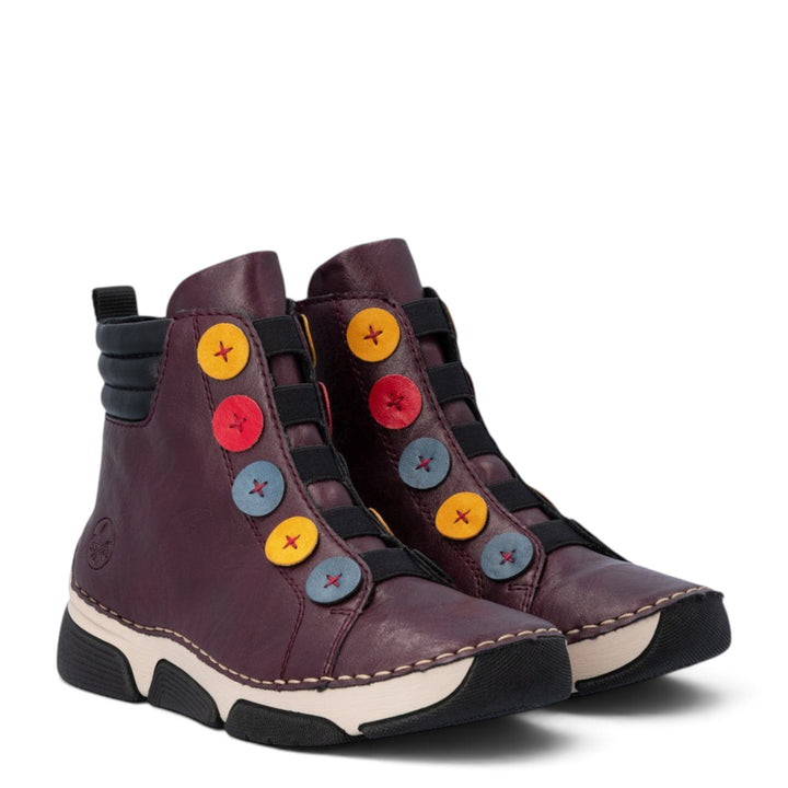 ada-shoes.ro Rieker burgundy faux leather ankle boots with decorative colorful buttons and side zipper closure.