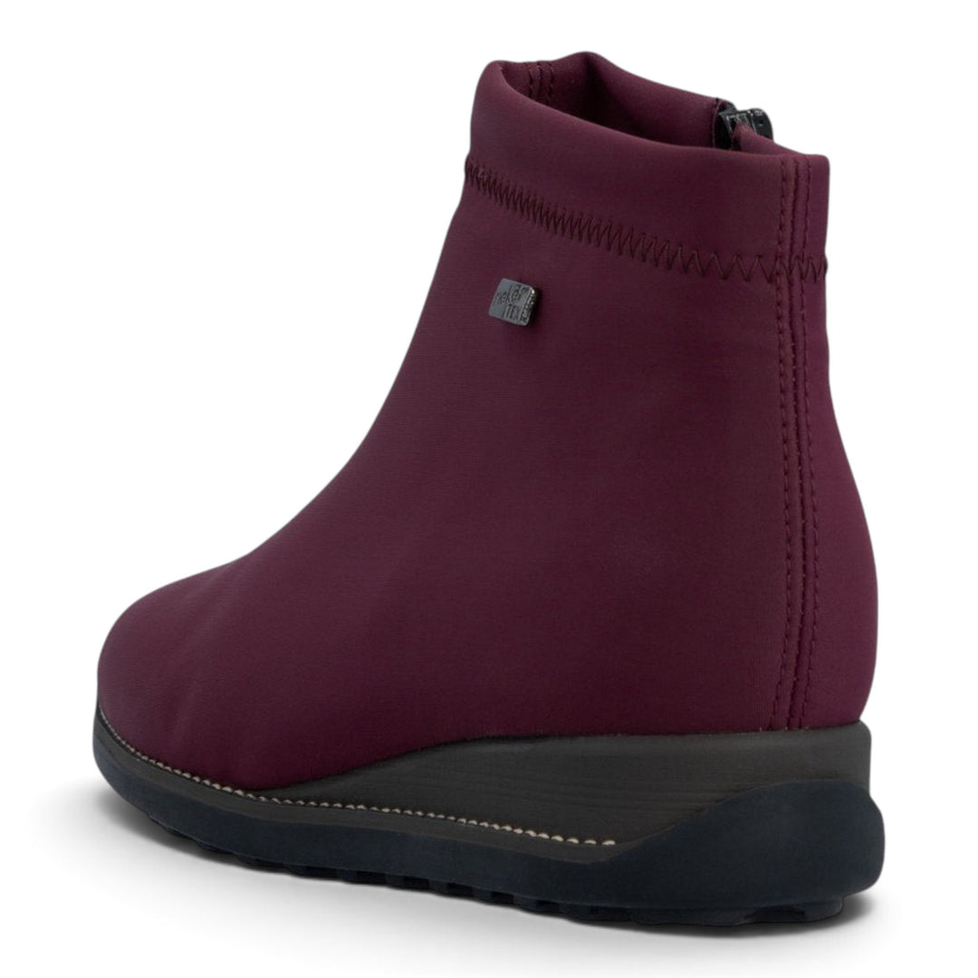 ada-shoes.ro Rieker burgundy stretch textile ankle boots with warm lining, side zipper, and flexible wedge sole