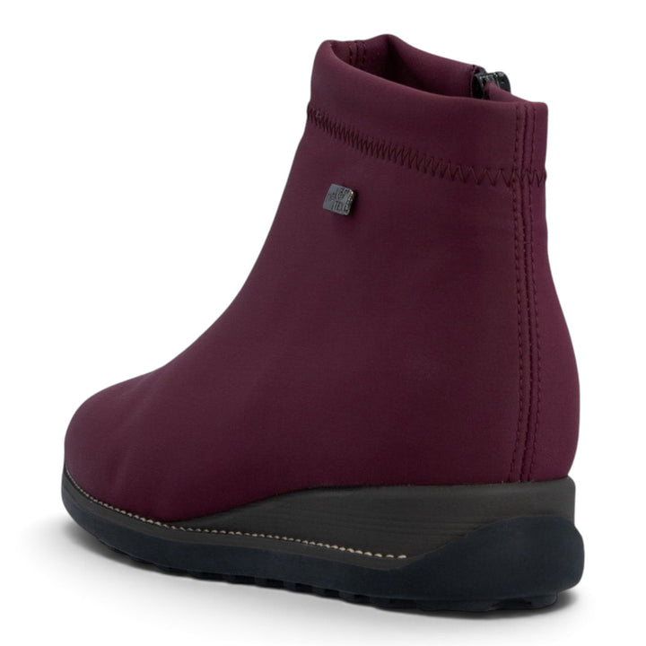 ada-shoes.ro Rieker burgundy stretch textile ankle boots with warm lining, side zipper, and flexible wedge sole