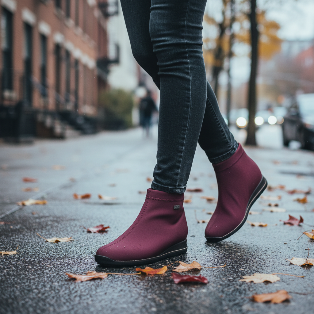 ada-shoes.ro Rieker burgundy stretch fabric ankle boots with warm lining and flexible sole worn on a city street