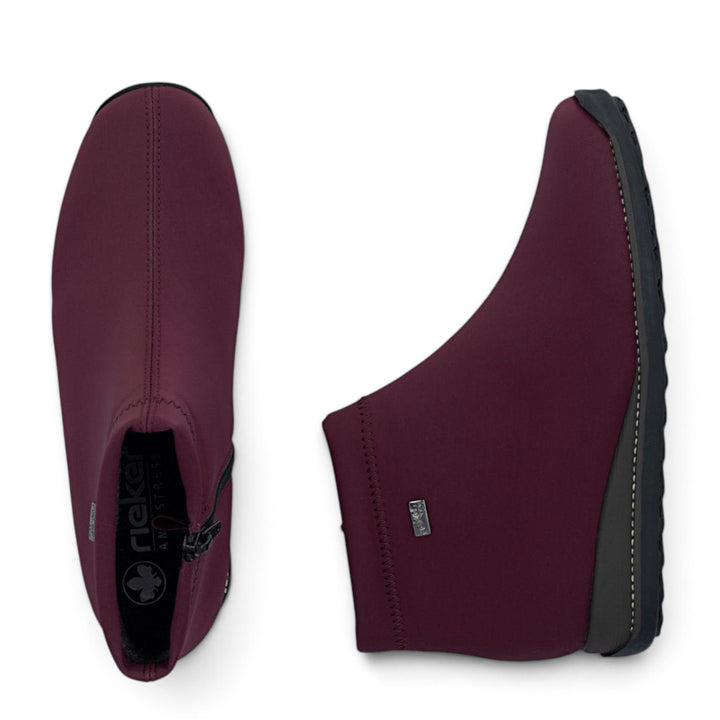 ada-shoes.ro Rieker burgundy stretch fabric ankle boots with side zipper and warm lining for winter
