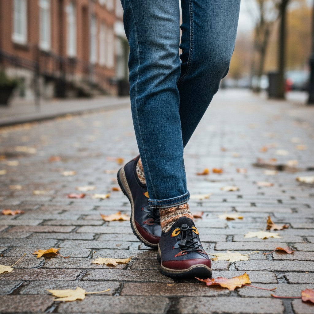 ada-shoes.ro Rieker casual shoes in navy and burgundy leather with lace-up detail worn with jeans on a city street